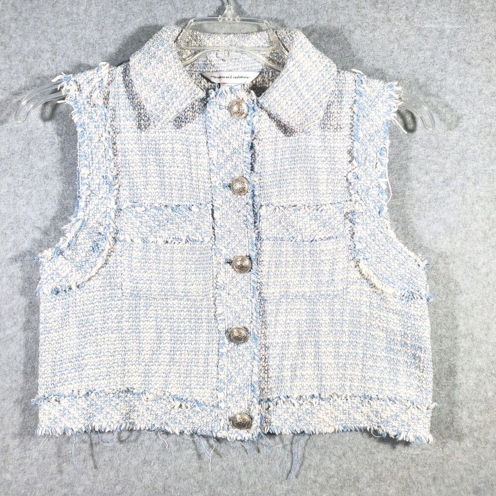 Cupcakes & Cashmere Tweed Vest Blue Cream Boucle Cropped Frayed Military Sz S
